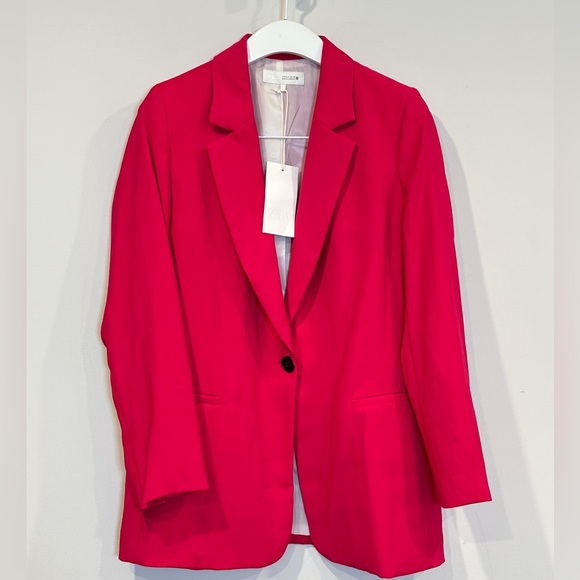 Zara Fuchsia Pink Crinkled Effect Blazer Size Small NWT - Picture 4 of 13